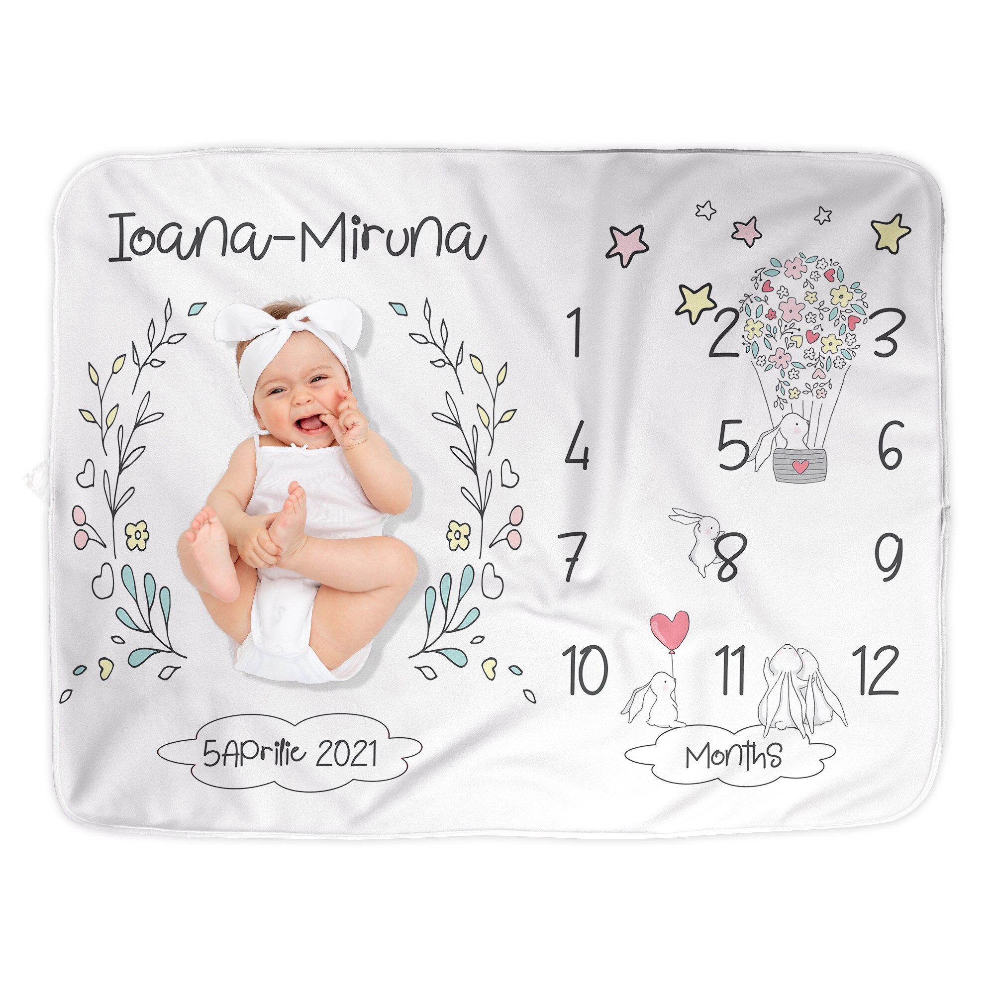 Păturică Aniversară Milestone Brodecor Iepurași