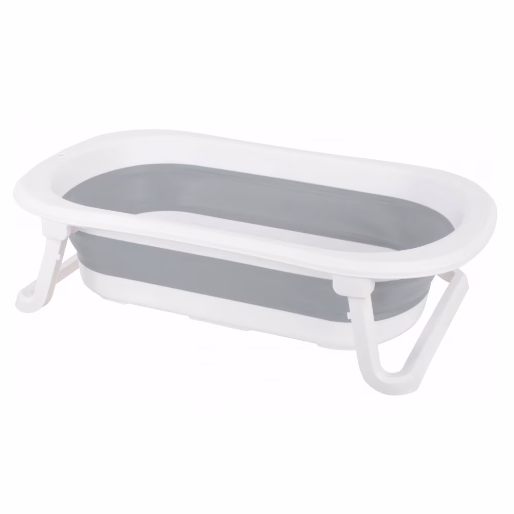 Cadita pentru copii Little Mom Baby Swim Grey cu picioruse si baza antiderapante, pliabila, margini rotunjite, dop de evacuare a apei, dimensiune 80 x 48 x 21 cm