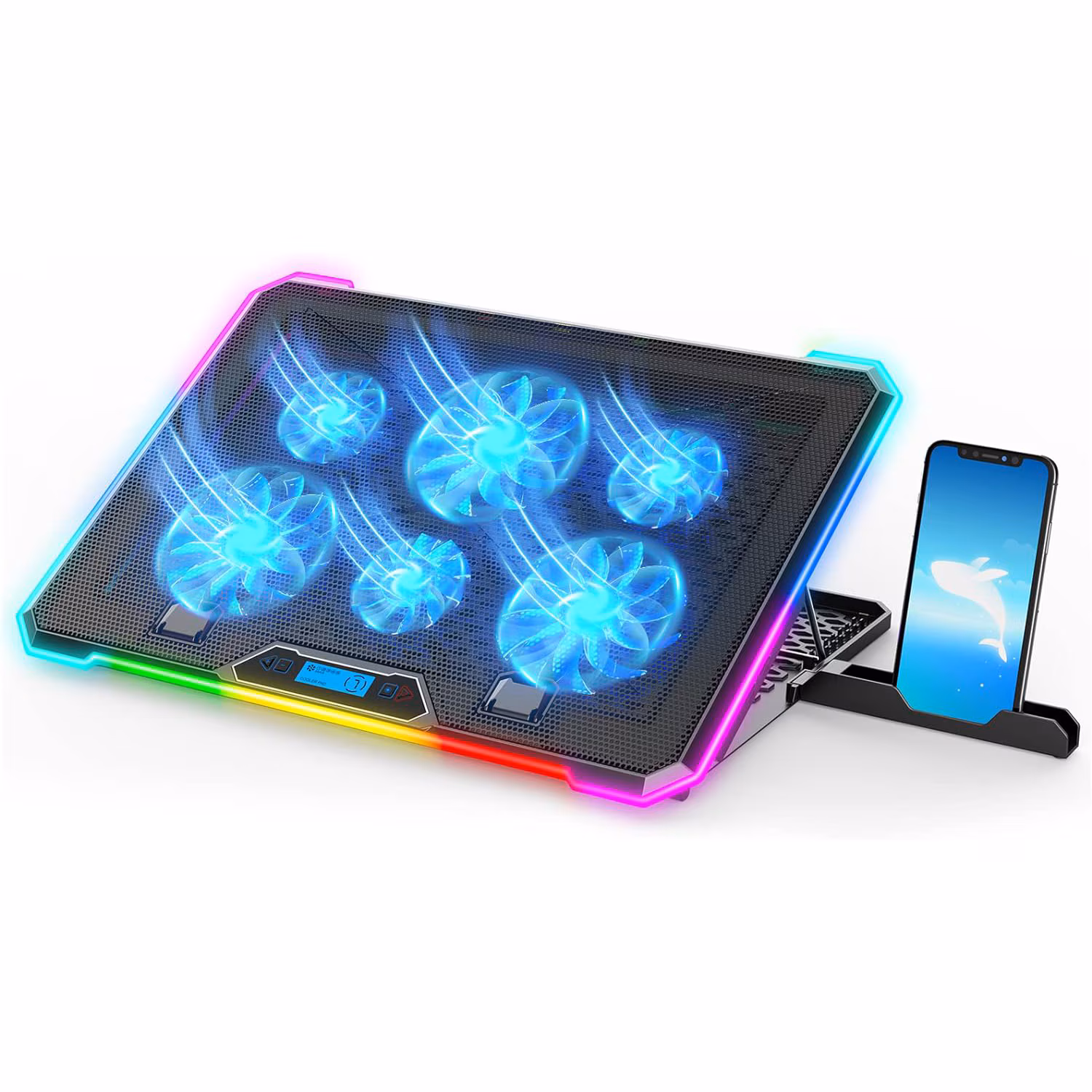Cooler Gaming RGB Profesional pentru Laptop 15.6-17.3 inch, 6 ventilatoare, LED, ecran LCD