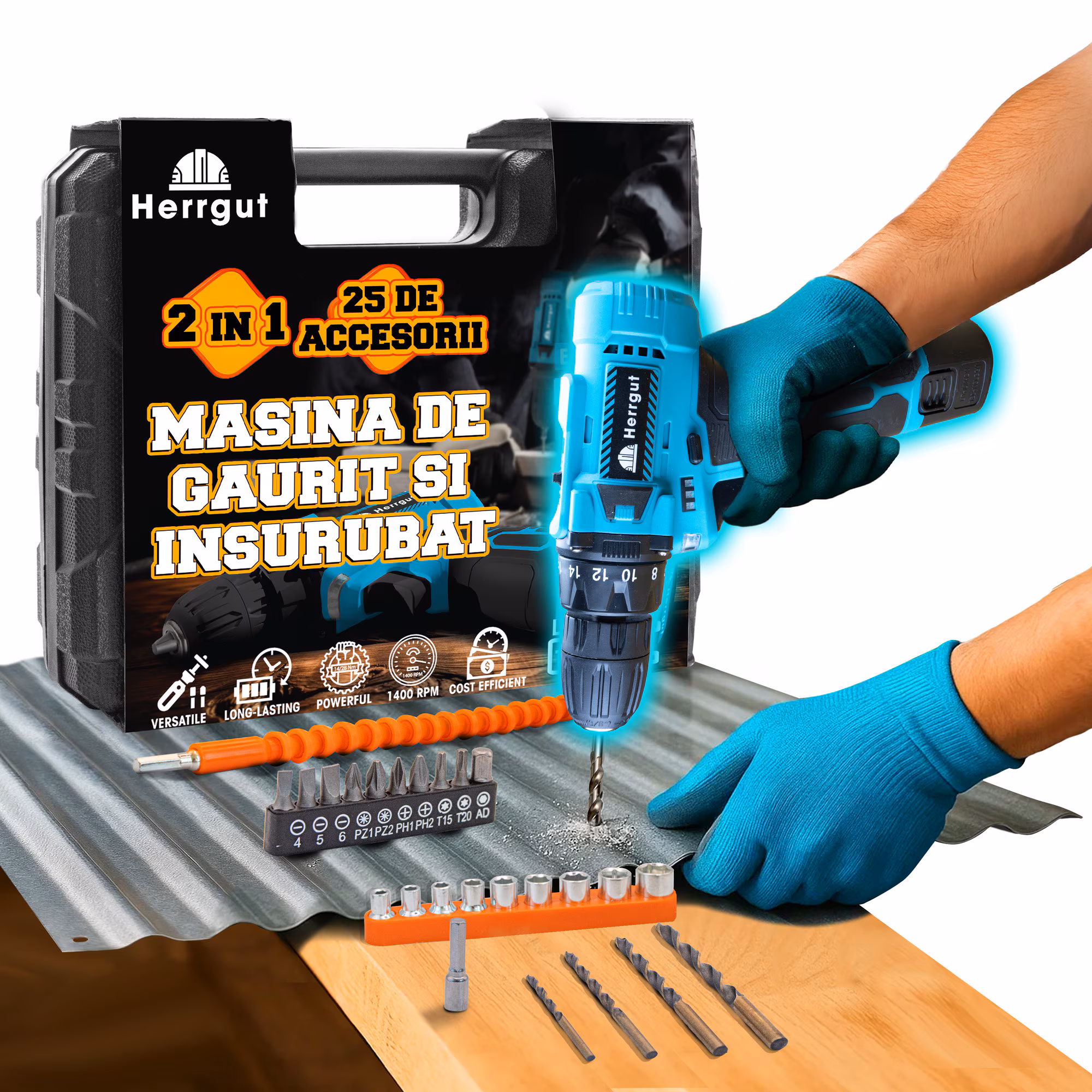 Masina de gaurit si insurubat (bormasina) Herrgut cu acumulator 1.5Ah Li-Ion
