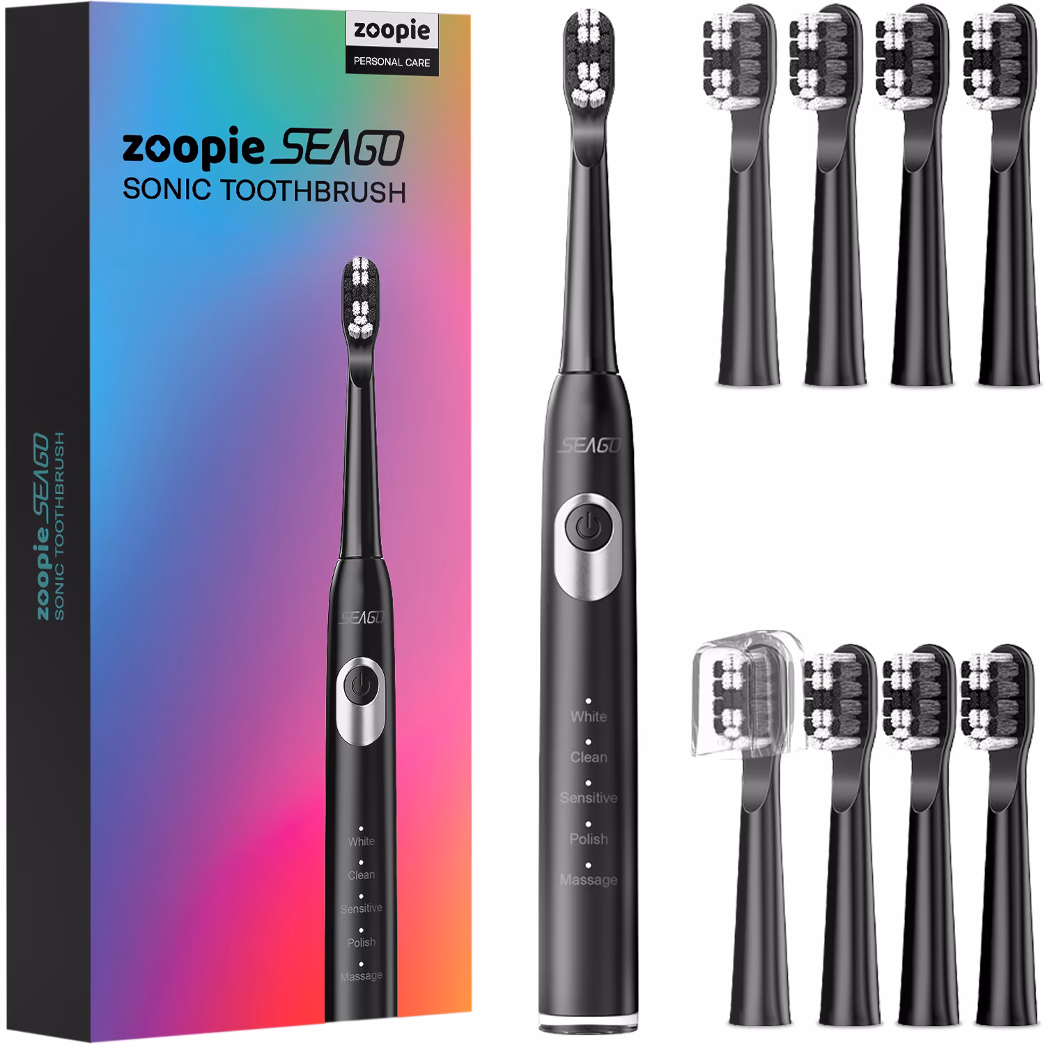 Periuta dinti electrica sonica Zoopie®SEAGO negru, 40.000 pulsatii/min, 5 programe, 8 capete soft