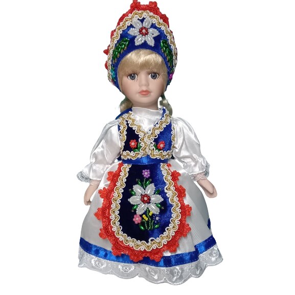 Păpușă portelan costum popular albastru