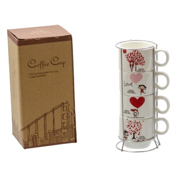 Set 4 cesti cafea ceramica cu suport Inox