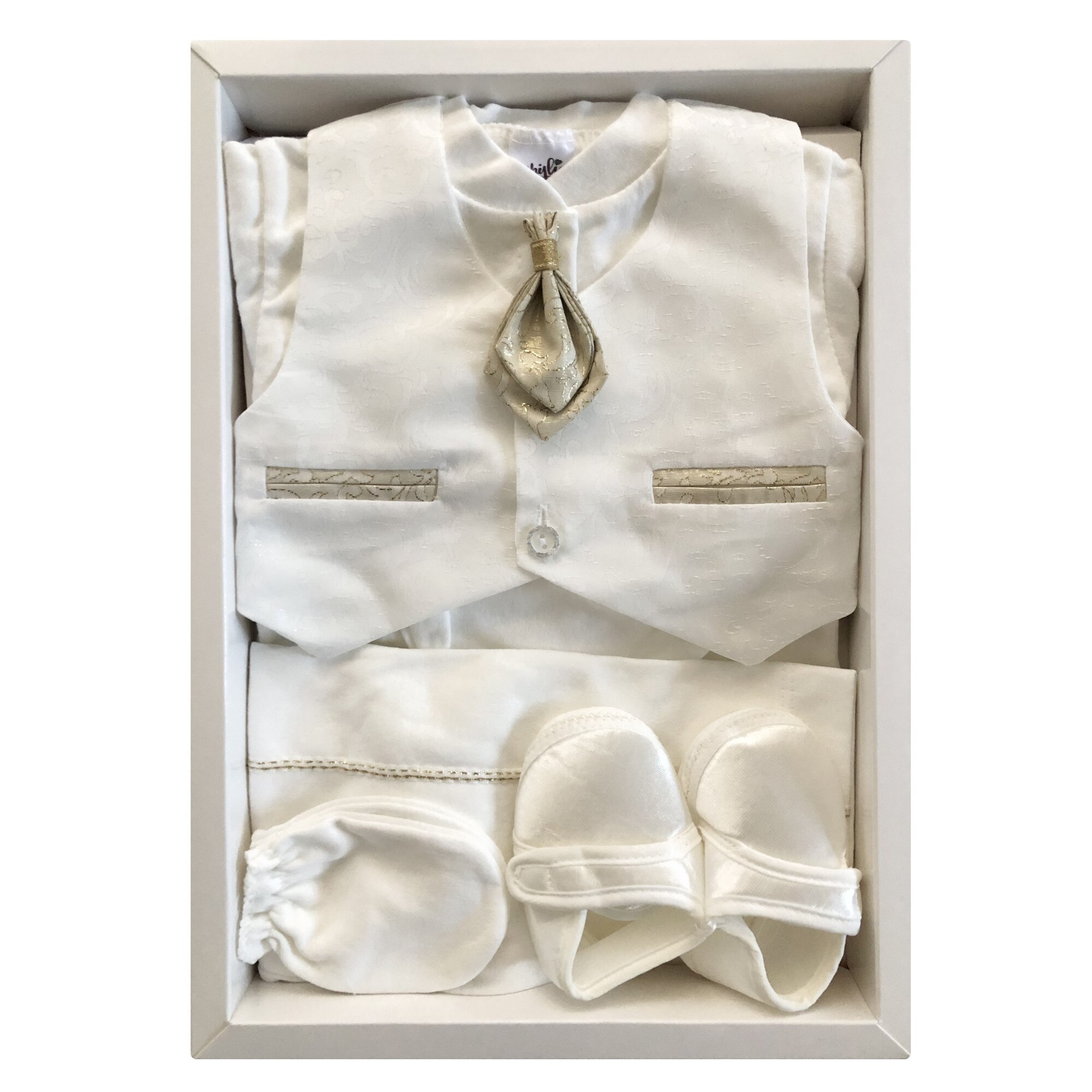 Set Costum botez baieti BABYLIA Alb/Auriu