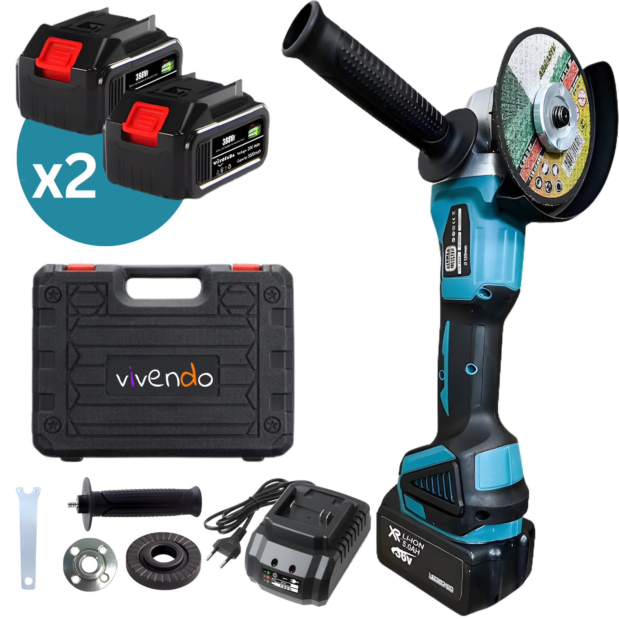 Polizor unghiular Vivendo 48V cu 2 acumulatori