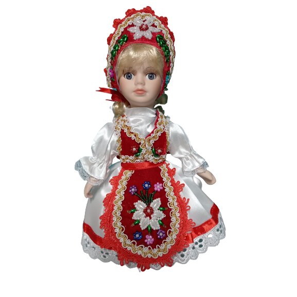 Păpușă portelan costum popular roșu