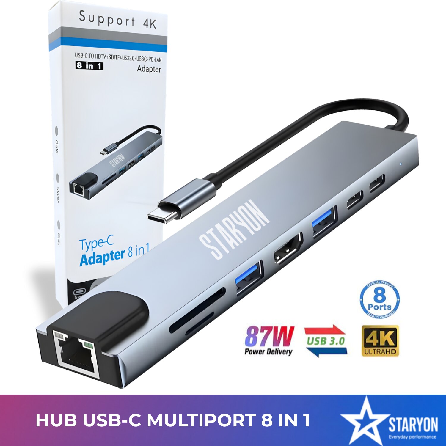 Adaptor HUB USB-C Staryon 8 în 1 (HDMI + RJ45)